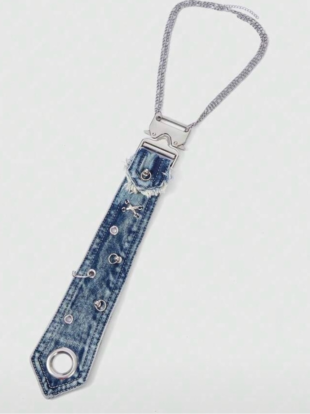 Denim Strap Necklace with Silver Hardware